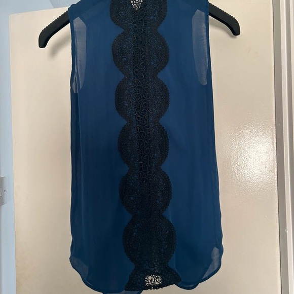Warehouse Blue Blouse with Lace Trim and High Neckline - Picture 1 of 4